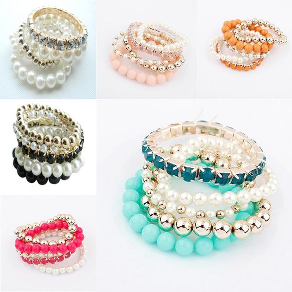 

new fashion woman pearl beads crystal multilayer rhinestone bracelet set bangle, Black