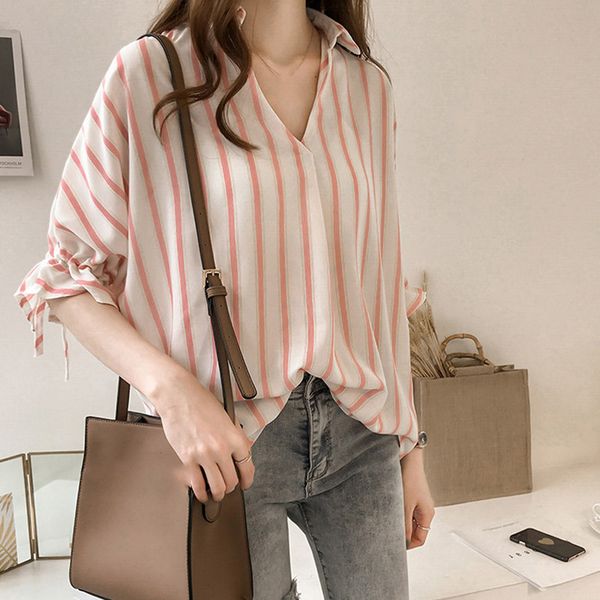 

womens casual stripe print loose ladies batwing sleeves v neck lapel blouse, White