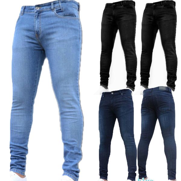 

basic style mens stretchy ripped skinny biker jeans taped slim plain color denim pants regular denim jeans, Blue