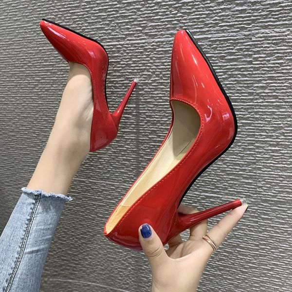 

women super high heels shoes patent leather women pointed toe shallow slip-on high heels pumps wedding party dress shoes woman, Black
