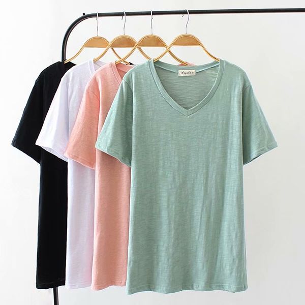 

2019 spring oversized plus size women t shirt cotton solid white v-neck t-shirts women tshirt summer tee shirt