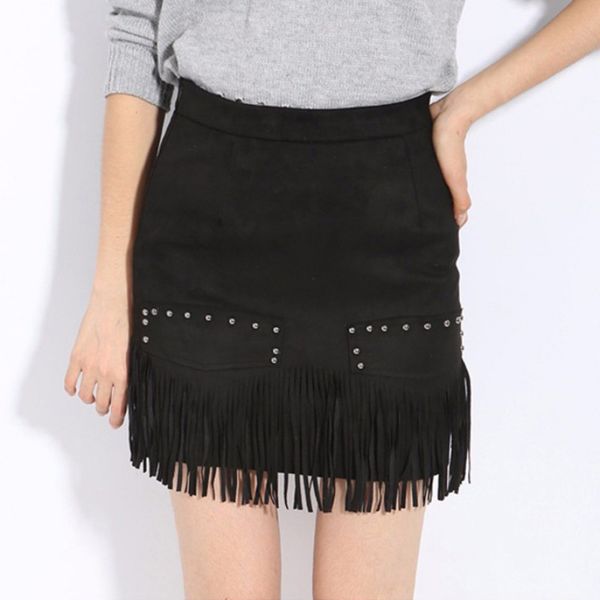 

2020 new suede fringed skirt ladies solid color tassel skirt women street clothing, White;black