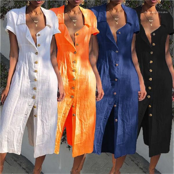 

coller long dress plus size summer cotton linen dress boho button open dresses women solid short sleeve turn down, Black;gray