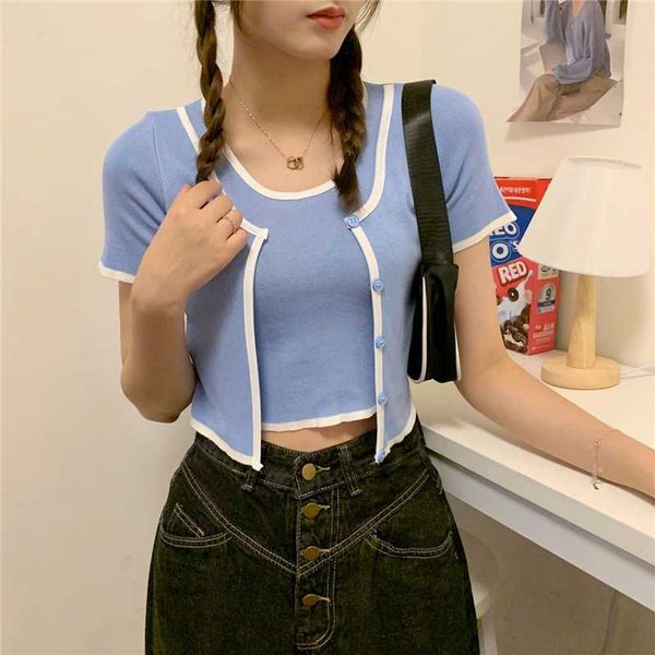 

women's sweaters girls o-neck short sleeve casual cropped sweater shirts buttons patchwork vintage thin pullover crop, White;black