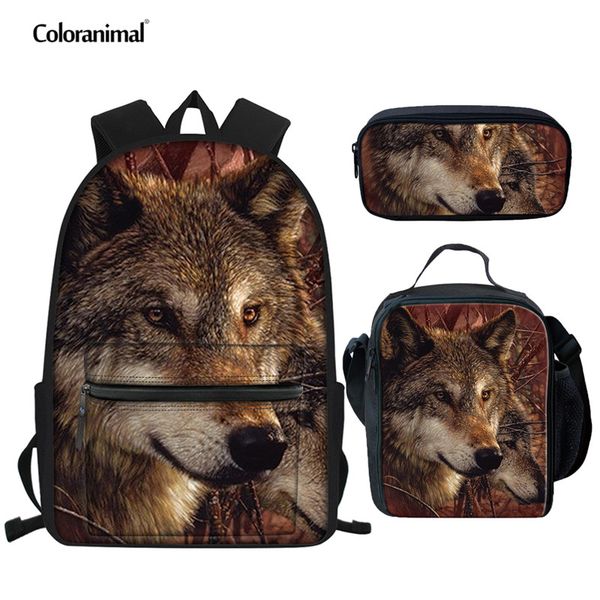 

coloranimal 3d wolf set school bag for teenager girl canvas school backpack kids children daily daypack satchel student bookbags