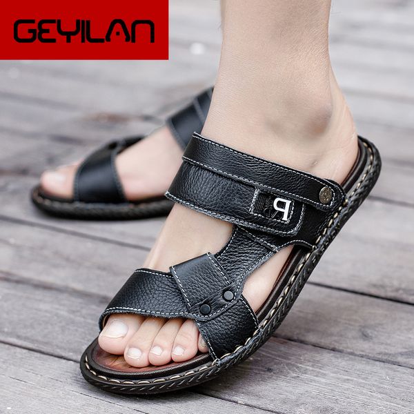 

men's casual shoes leather sandals mens roman summer slippers male comfortable shoes beach sandals sandalia masculina, Black