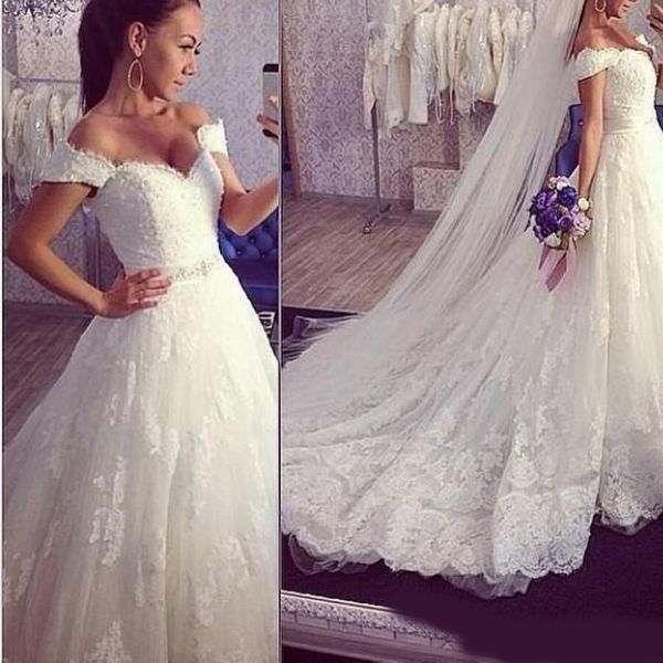 

sweetheart short cap sleeve a-line wedding dresses appliques bead sash tulle bridal wedding gowns hochzeitskleid robe de mariee, White