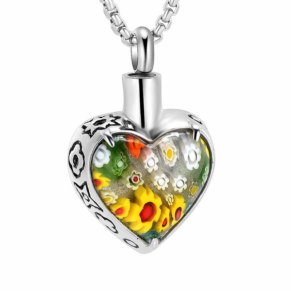 

kkk99 heart urn necklace prong setting murano glass cremation jewelry for women engravable memorial pendant hold ashes, Silver