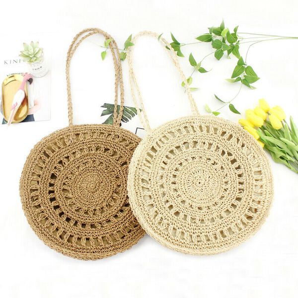 

women straw beach shoulder bag round fluffy woven ladies summer tote handbag bag