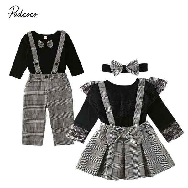 

2020 new 0-6y matching clothes little brother romper overall big sister blouse bib skirt outfits set spring formal party set, White
