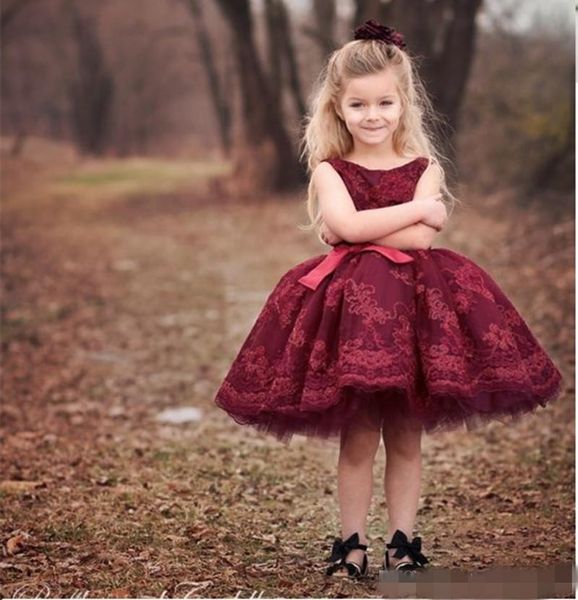 

burgundy flower girl dresses lace applique jewel princess party little girl ball gown pageant first communion formal wear short sleeveless, White;blue