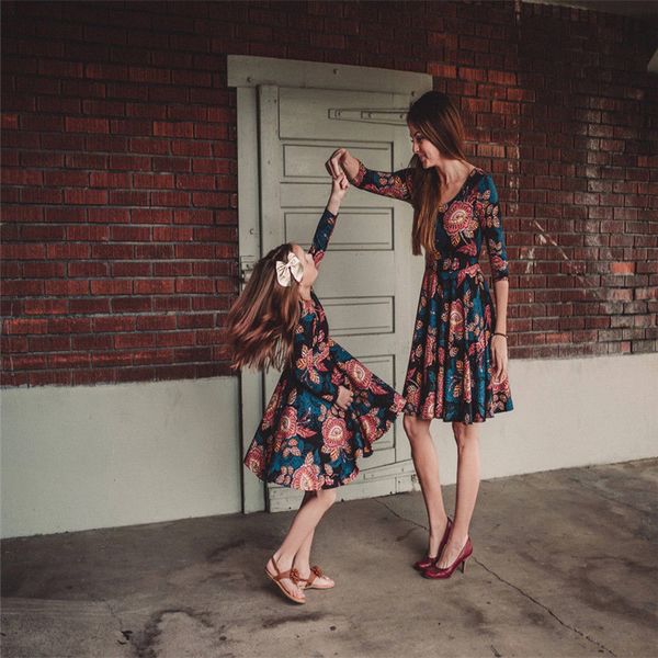 

mother and daughter casual boho formal maxi dress mommy and me matching outfits 2019 summer family new floral long, Blue