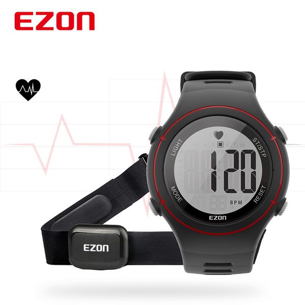 

ezon t037 chest strap heart rate monitor sport watch men digital alarm chronograph waterproof back light electronic wristwatches ly191213, Slivery;brown