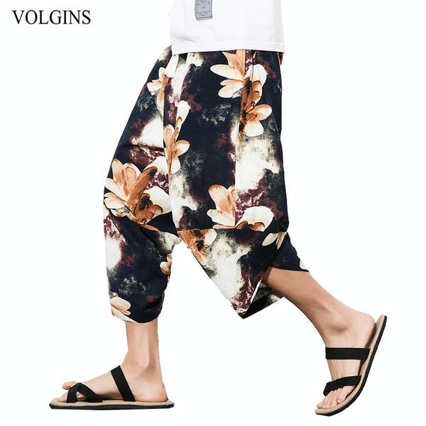 

streetwear men's casual calf length pants summer chinese design printed plus size harem pant men loose sweat pants trousers, Black