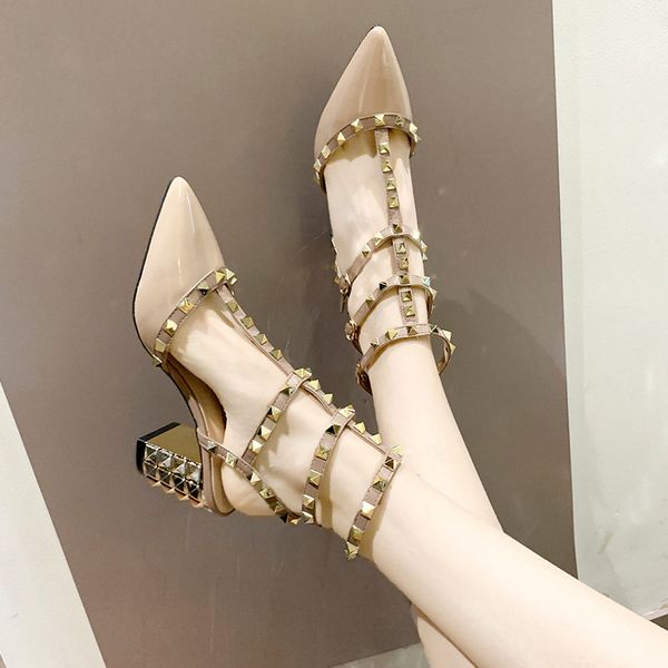 

7cm pumps roman sandals fairy style thick with rivet high heels 2019 new summer fashion tide women's shoes, Black