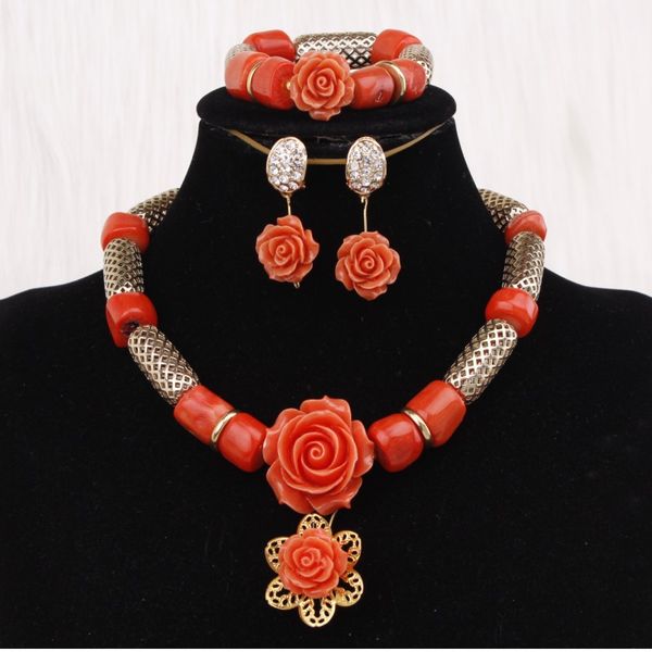 

4ujewelry statement necklace set charms orange or red nigerian coral beads necklace jewelry set gold costume jewellery dubai new, Slivery;golden