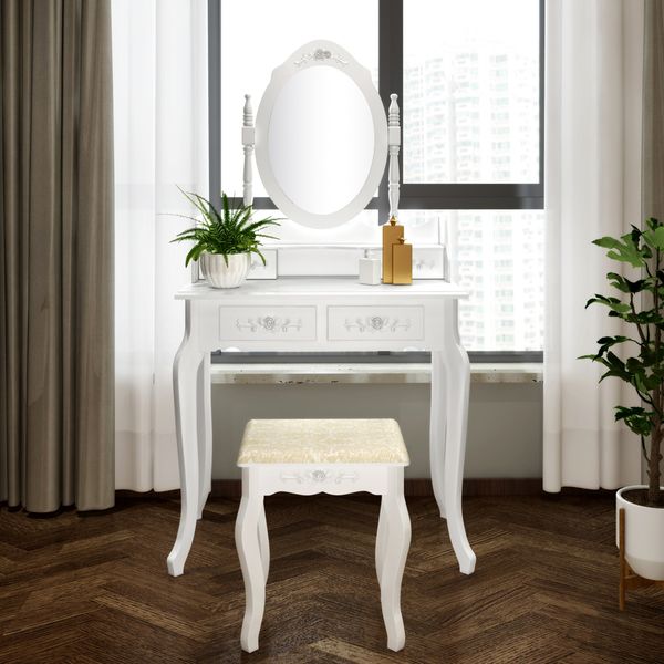 

home modern 4 drawers tri-fold mirror dresser with dressing stool white 360-degree rotation removable american straight hair