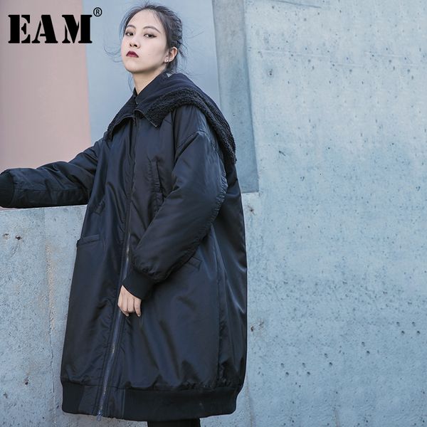 

eam] black split big size cotton-padded coat long sleeve loose fit women parkas fashion tide new autumn winter 2019 19a-a821