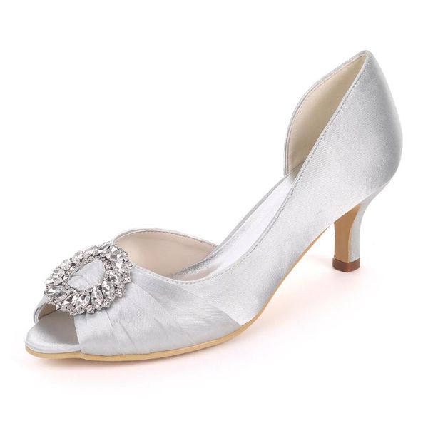 

creativesugar empty side elegant knot with crystal brooch 6cm heels lady satin evening dress shoes open toe bridal wedding shoes, Black