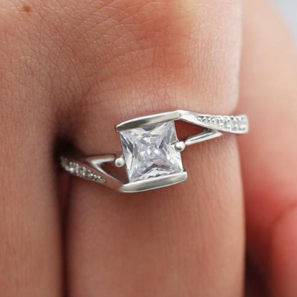 

female shiny square zircon stone ring fashion white gold color jewelry vintage wedding engagement rings for women bague gifts, Golden;silver