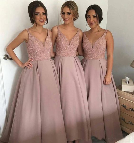 

Sparkling Blush Pink Long Formal Gowns 2019 Gorgeous Deep V Neck Bridesmaid Dress Maid of Honor Wedding Guest Dresses Custom Made