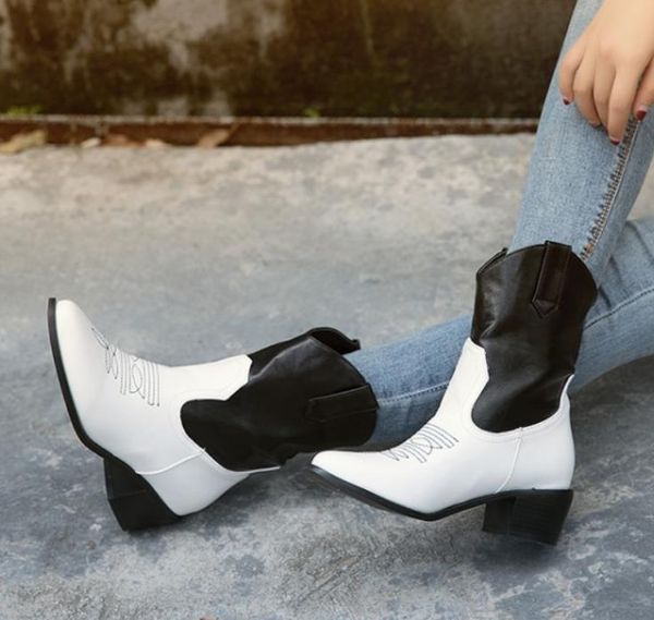 

small big size 33 to 42 to 49 women fashion mix colors chunky heel cowboy boots mid calf booties designer shoes tradingbear, Black