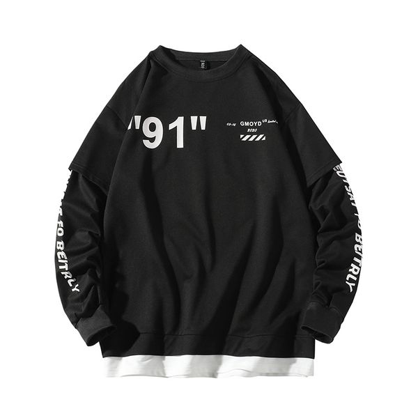 

loose large size male fake two long sleeve printed sweater mens fashion round neck long sleeve bottoming shirt, Black