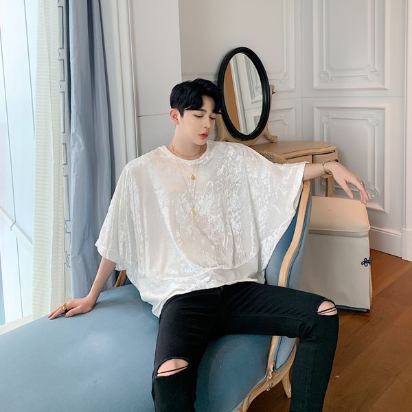 

men velour bat short sleeve oversize black white t shirt male women street hip hop loose causal tshirt couple tees shirts, White;black