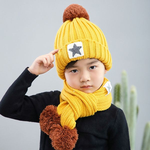 

kids winter hats scarf sets winter knit warm pompom boy caps baby girls autumn winter knitted hat 07, Yellow