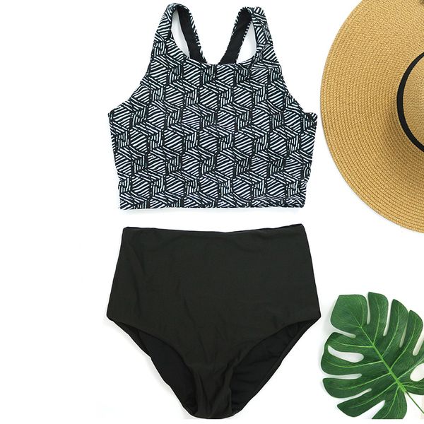 

plavky 2019 retro floral striped high waist neck cropped biquini modest swim bathing suit swimsuit swimwear women bikini