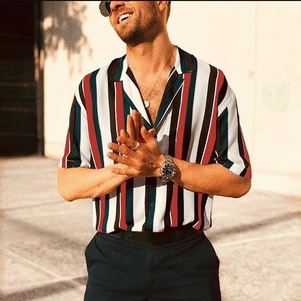 

fashion 2020 summer stripe men's shirts short sleeve casual beach hawaiian shirts camisa masculina male clothing, White;black