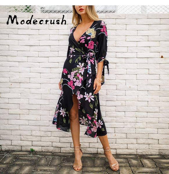 

modecrush women floral boho style summer dresses deep v neck sundress vacation holiday beach wear long dress vestidos, Black;gray