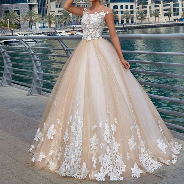 

elegant illusion lace a line beach wedding dress with cap sleeve draped tulle appliques long covered button boho bridal gowns, White