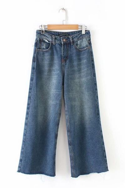 

western style 19 spring and summer new products women's dress high-waisted washing faded cowboy loose pants capri pants, Blue