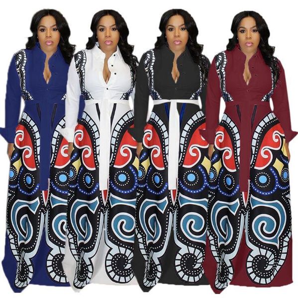 

digital printed dress women plus size 3d butterfly print ball gown long sleeve turn down neck party maxi dresses ljjo6604, Black;gray