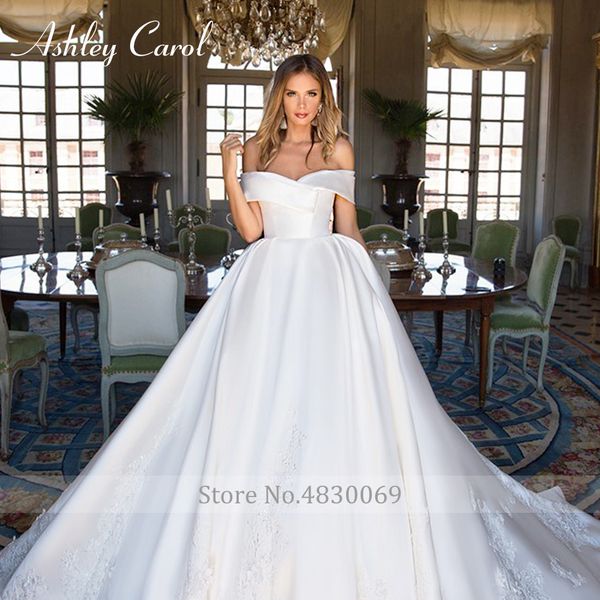 

boat neck luxury soft satin wedding dress 2019 elegant cap sleeve bride dresses vintage princess wedding gowns, White