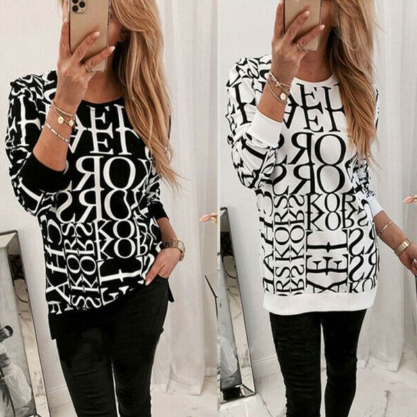 

women's round neck long sleeve loose pullover casual printed sweater, White