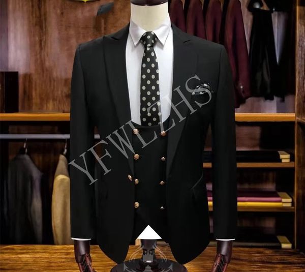 

handsome golden buttons groomsmen peak lapel groom tuxedos men suits wedding/prom/dinner man blazer(jacket+pants+tie+vest) w198, Black;gray
