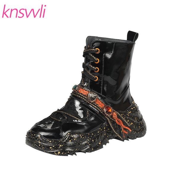 

genuine leather horsehair short boots women lace up crystal casual sneakers lady thick sole platform shoes woman motorcycle boot, Black