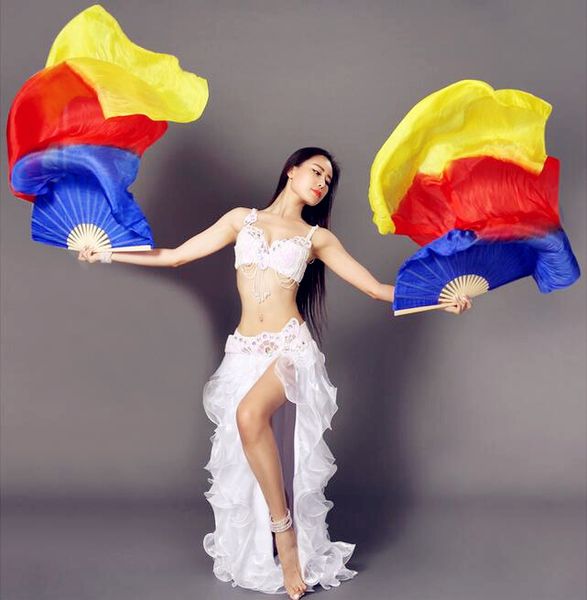 

150cm/180cm handmade silk veils women belly dance folding fan veil gradient color yellow-red-royal blue ing, Black;red
