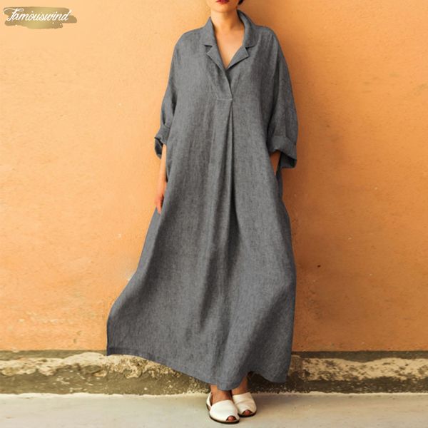 

2019 long dress women summer lapel neck long sleeve elegant casual kaftan robe loose twill solid party sundress maxi vestido, Black;gray