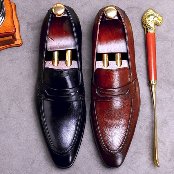 

stylish genuine leather men's retro casual loafers round toe slip on man flats handmade comfortable boat driving shoes fwl242, Black