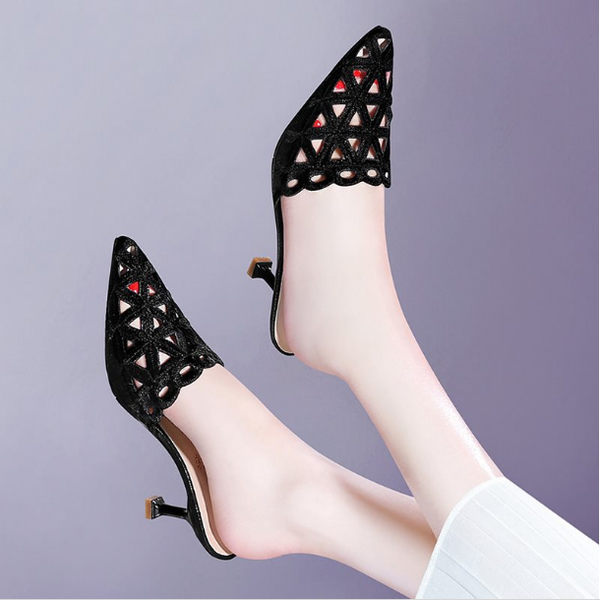 

cover toe female shoes slippers women summer luxury slides heeled mules thin heels 2020 designer high pointed soft pu rome, Black