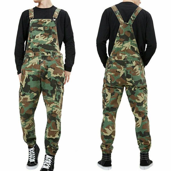 

2020 mens autumn new all-match dungarees workwear overalls camouflage combat jumpsuit bib pants high waist motorcycle streetwear, Black