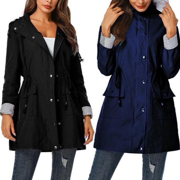 

women casual waist drawstring pockets hooded coat waterproof jacket raincoat workplace capable women's blazer christmas gift, Tan;black