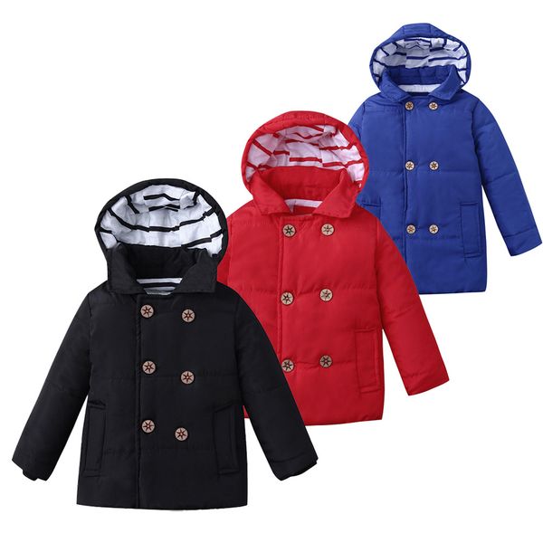 

winter kidstriped hooded warm coat coat double-breasted cotton suit europe and america stitching children 8#g6, Blue;gray