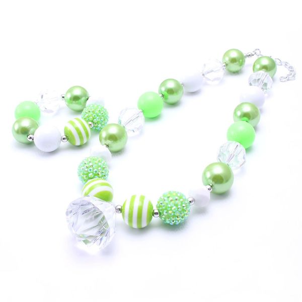 

new spring green color kids chunky beads necklace jewelry set girl children bubblegum necklace bracelets set for party, Red;brown
