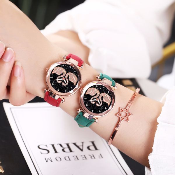 

fashion women leather starry sky swan analog watch ladies minimalist stylish quartz female clock dropshipping, Slivery;brown