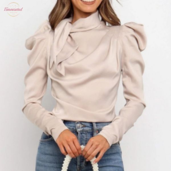 

womens clothing women autumn vintage bow blouse long sleeve long sleeve pleated slim casual ol, White