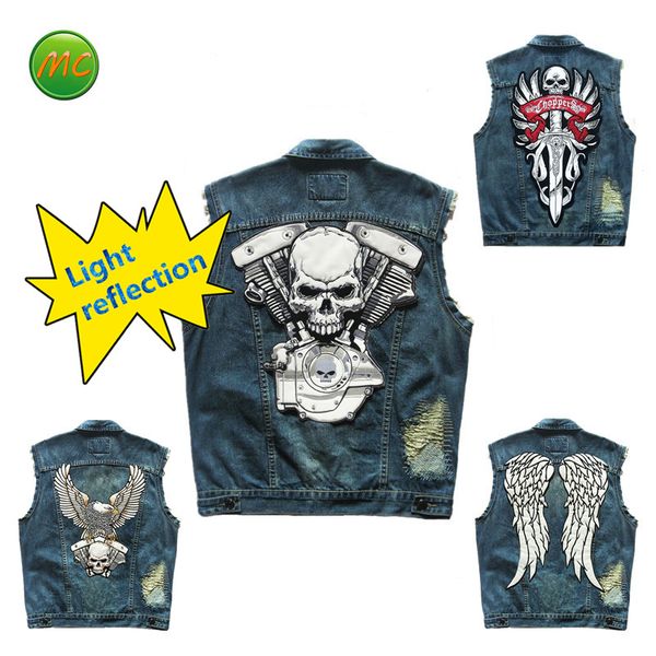 

embroidered denim vest cowboy jeans light reflection patchwork motorcycle biker jeans sleeveless jacket punk cowboy fashion vest, Black;white